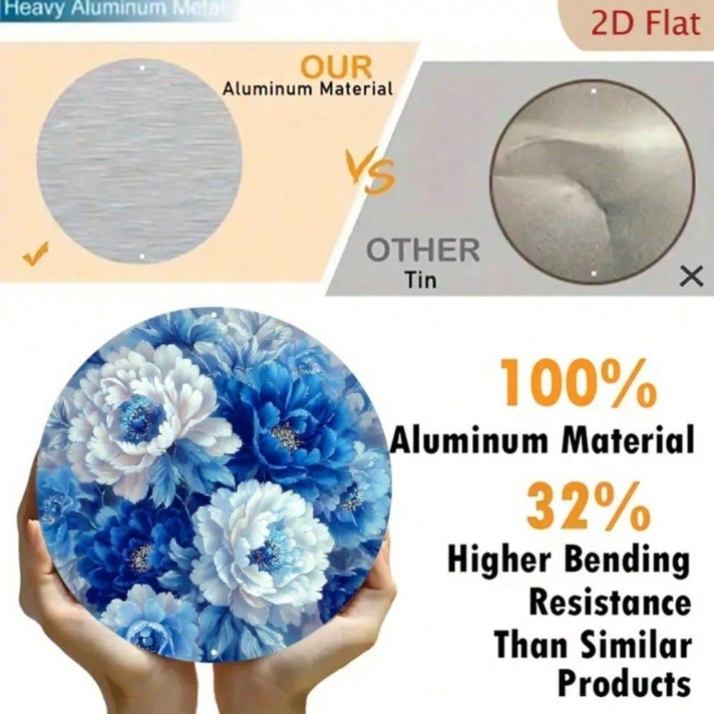 Handmade Blue White Peony Metal Wall Art Round Aluminum Poster 8 Inch