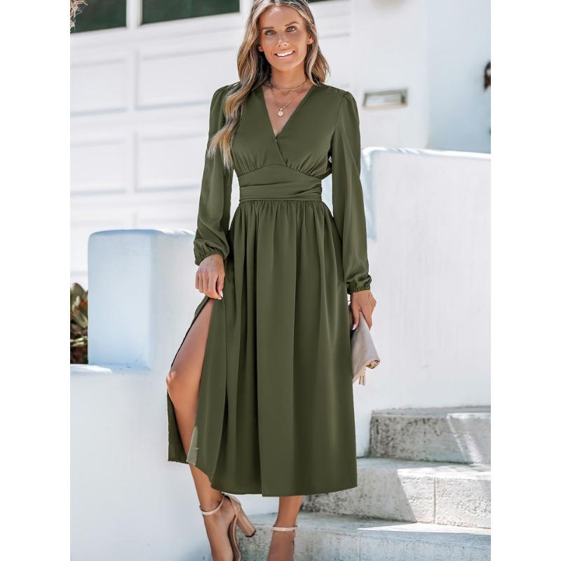 

Женское платье с рукавами-фонариками и высоким разрезом, платье А-силуэта с V-образным вырезом 2XL зелёный