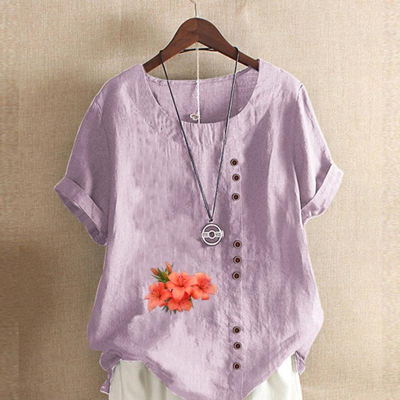 Women's Fashion Flowers Pattern Prined Short Sleeve T-shirt Loose Cotton Shirt Casual Loose Summer Blouse Tops Plus Size