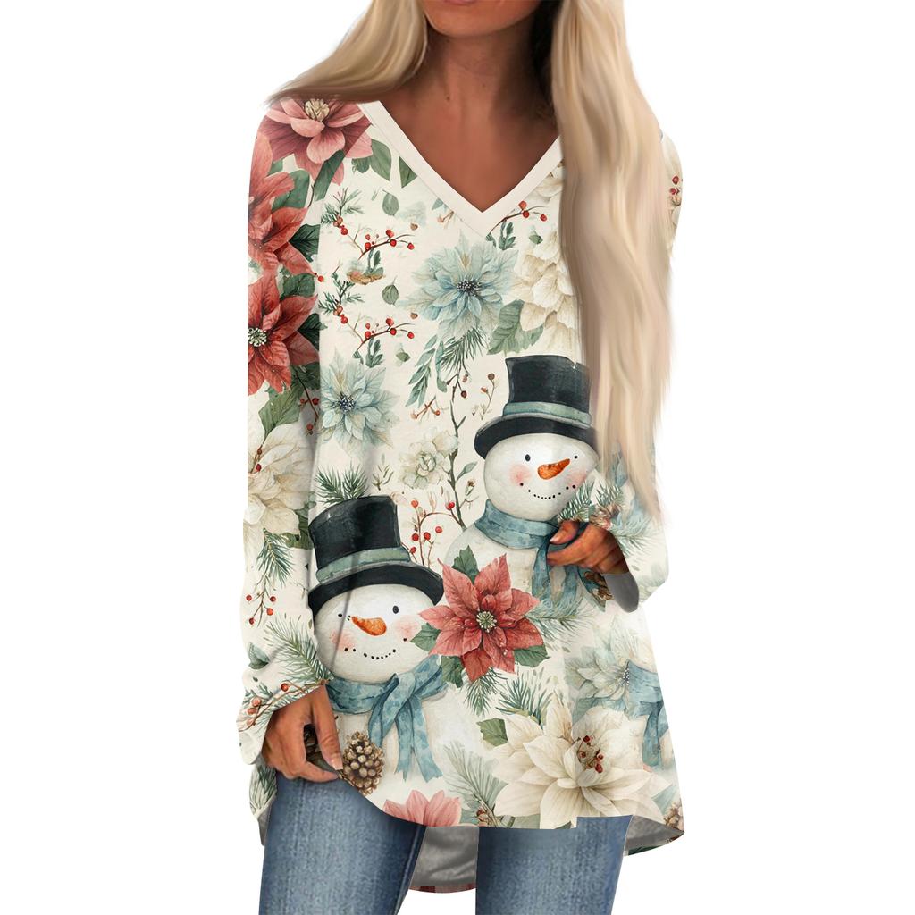 Ladies' Fashionable Casual Christmas Printed T-shirt Long Sleeved V-neck Mid Length Top