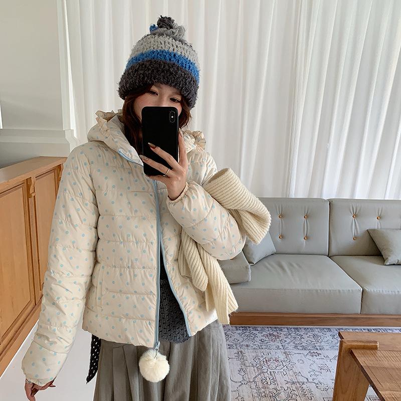 Sweet polka dot ribs hooded down cotton-padded clothes women's winter new short printed cotton-padded jacket