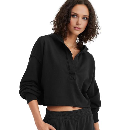 Women's Cropped Sweatshirt Loose Long Sleeve V Neck Hoodies Casual Hooded Pullover Crop Workout Top