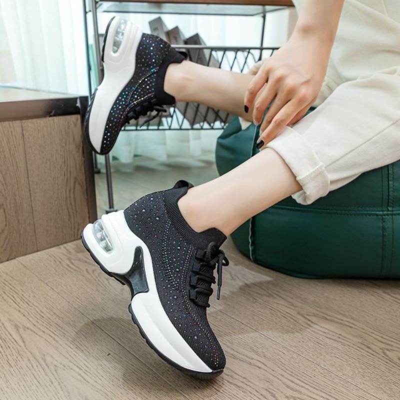 Fujin 7 cm Air Mesh Stretch Stoff Kvinner Sommer Sko Plattform Sneakers Chunky Kvinner Mote Vulcanize Pustende Bling Sneakers
