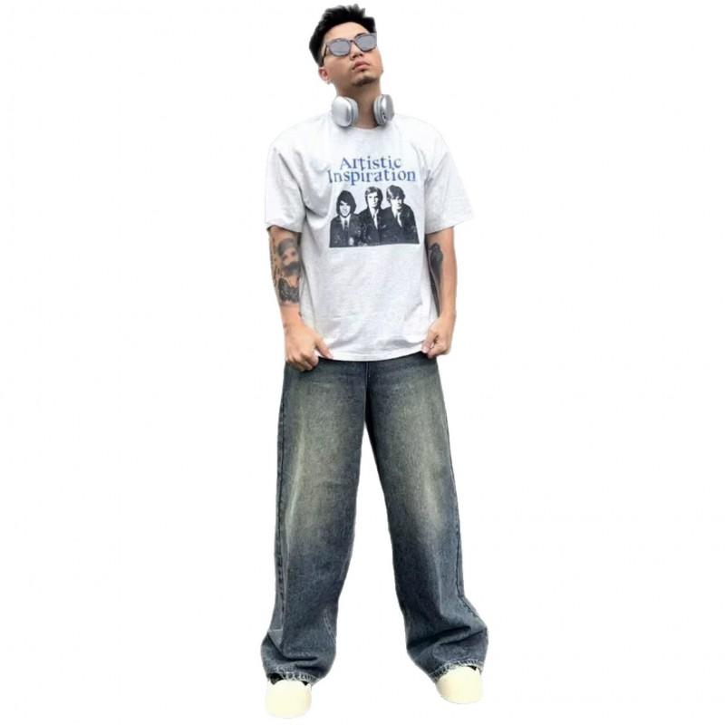 Mens High-Waisted Wide-Leg Straight Cut Denim Pants Water Washed Vintage Loose Fit Casual Trousers Fall 2026