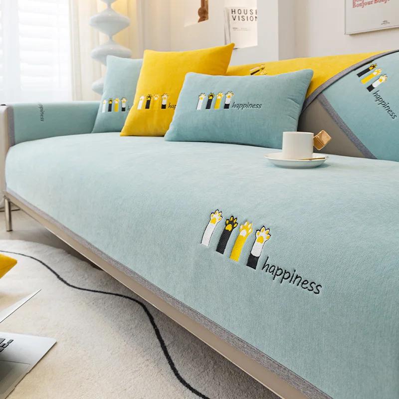 Luksusowy haftowany pokrowiec na sofę kocie pazury antypoślizgowy ręcznik na sofę ochrona pokrowiec na poduszkę sofy ręcznik salon uniwersalny szary brzeg