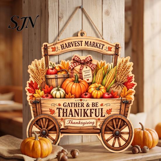 Thanksgiving Door Hanging Ornament Front Sign, Pumpkin Turkey Pattern Hanger, Autumn Decorative Wooden Plaque Harvest Wall for Farmhouse Porch