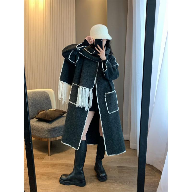 

Двухстороннее пальто с контрастным узором и отстрочкой для женщин, зимнее длинное свободное шерстяное пальто для женщин M