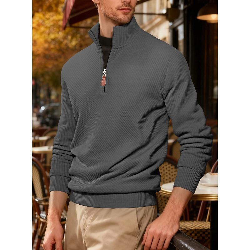 Men's Twill Jacquard Ribbed Half Zip Sweatshirt, Long Sleeve Stand Collar Sport Casual Trendy Pullover Hoodie for Autumn Winter