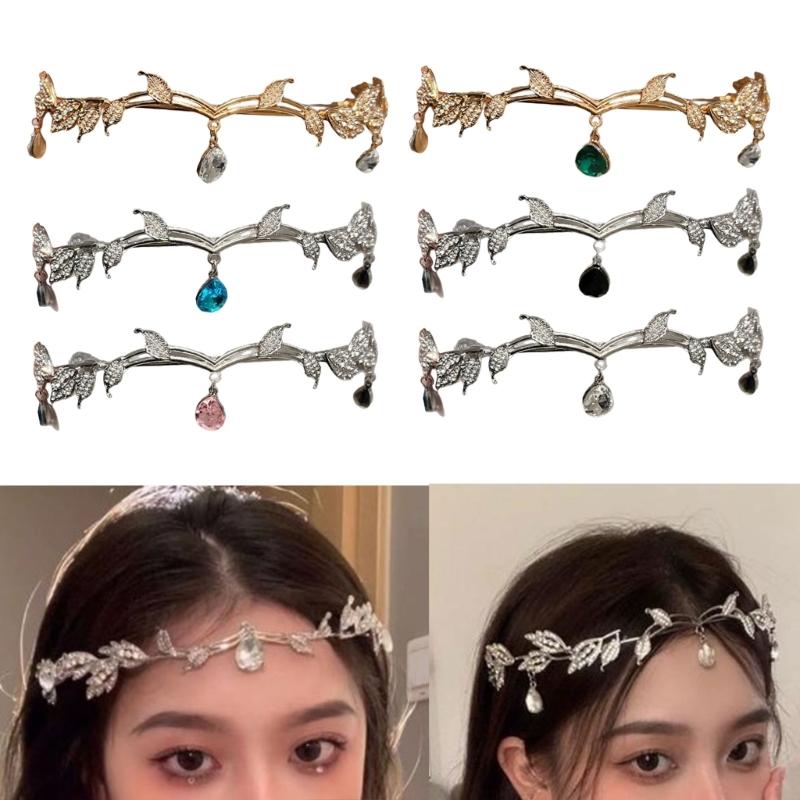Sparkling Rhinestones Tassels Headbands with Leaf and Teardrop Design for Women Adjustable Size Lightweight Hair Accessory