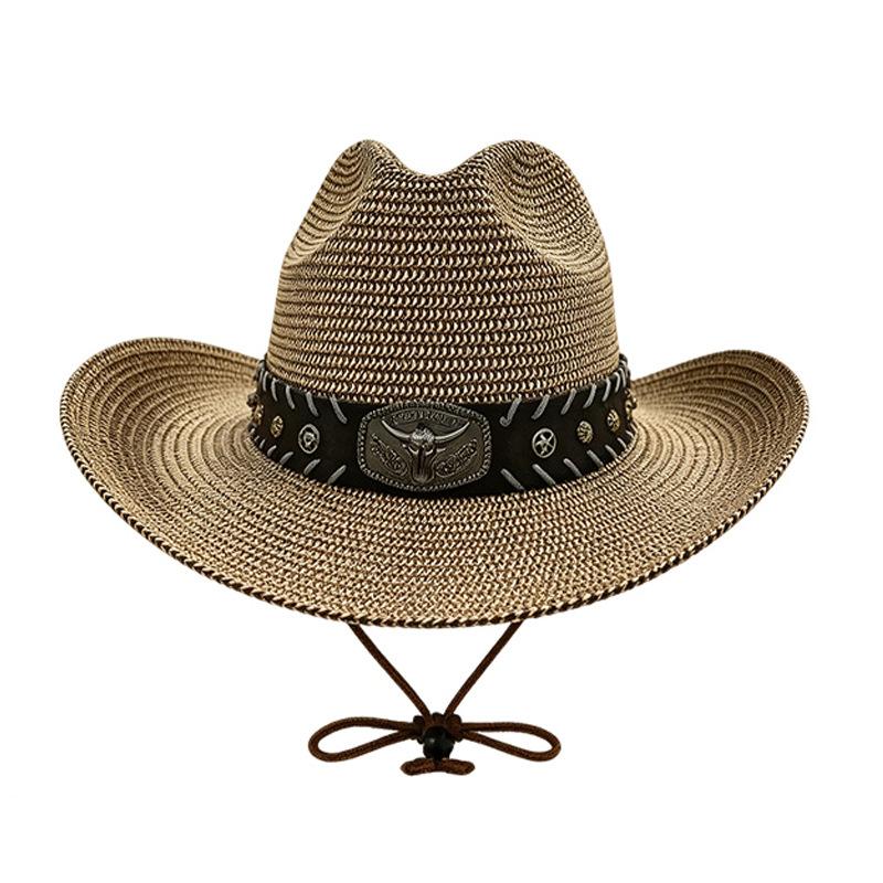 Straw Hat Men's Outdoor Sunscreen Visor, Wide-brimmed Western Cowboy Hat, Retro Casual Face Straw Hat