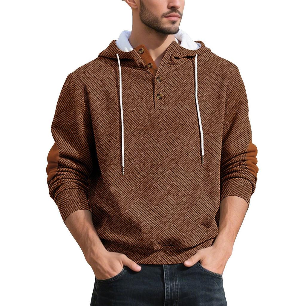 Men's Casual Loose Fit Hooded Sweatshirt with Pattern and Elbow Long Sleeve Athletic Pullover