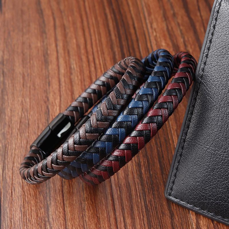 Classic Stainless Steel Bracelets For Men Black Blue Brown Color Punk Braided Wrap Leather Bracelets On the Hand Jewelry