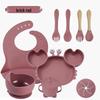 Crab 9-Piece Tableware Set: Silicone Bib, Baby Food Bowl, Fork, Spoon, Compartmentalized Meal Plate - Food Grade