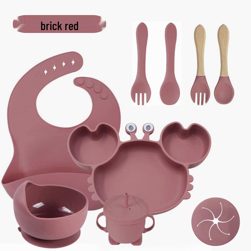 Crab 9-Piece Tableware Set: Silicone Bib, Baby Food Bowl, Fork, Spoon, Compartmentalized Meal Plate - Food Grade