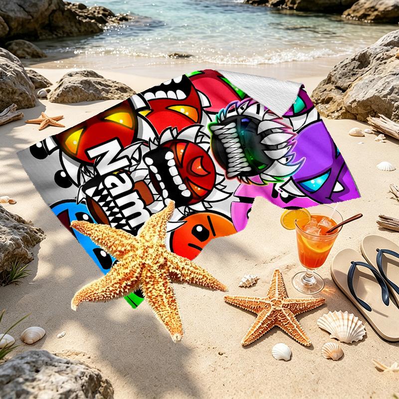 Custom Name Personalized Geometry Dash Print Beach Towel, for Trip Camping Beach Party Home Decor, Birthday Gift for Family & Friends