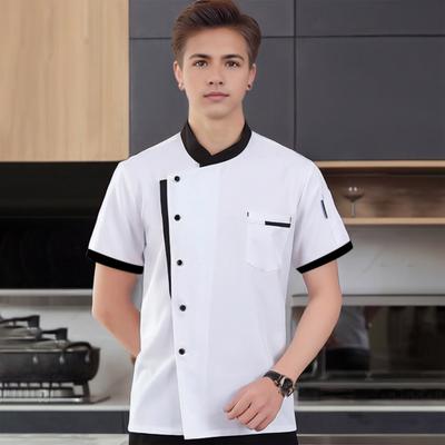 Unisex Chef Shirt Soft Breathable Stand Collar Single-breasted Short Sleeves Chest Pockets Restaurant Diner Kitchen Cook Top Bakery Hotel Waiter