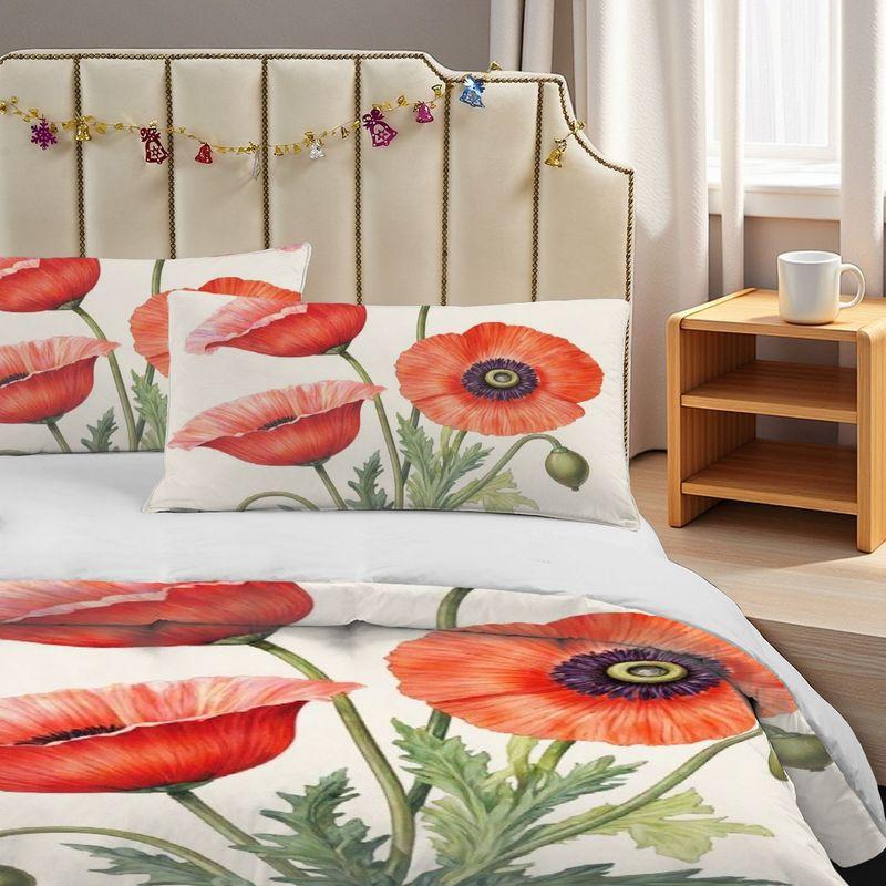 Spring And Summer Theme Pillowcase Duvet Cover 3 Piece Bedding Set Four Red Flower Pattern Washable Durable