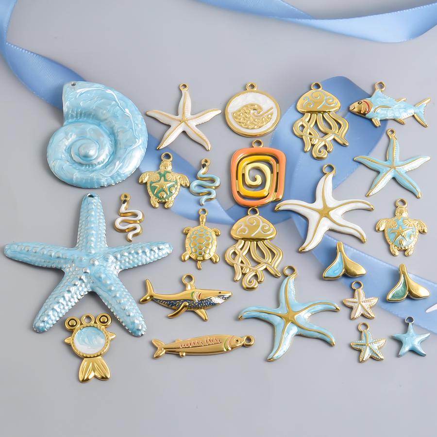 Marine Life Pendant Blue/Green Enamel Charm Fish Tail Sea Turtle Animal Stainless Steel Charms For Jewelry Making Supplies Bulk