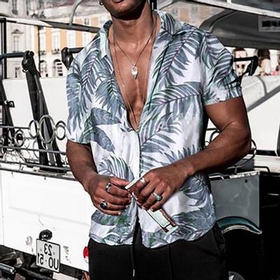 Camisa masculina lapela folha estampa leve manga curta botões camisa havaiana para clube
