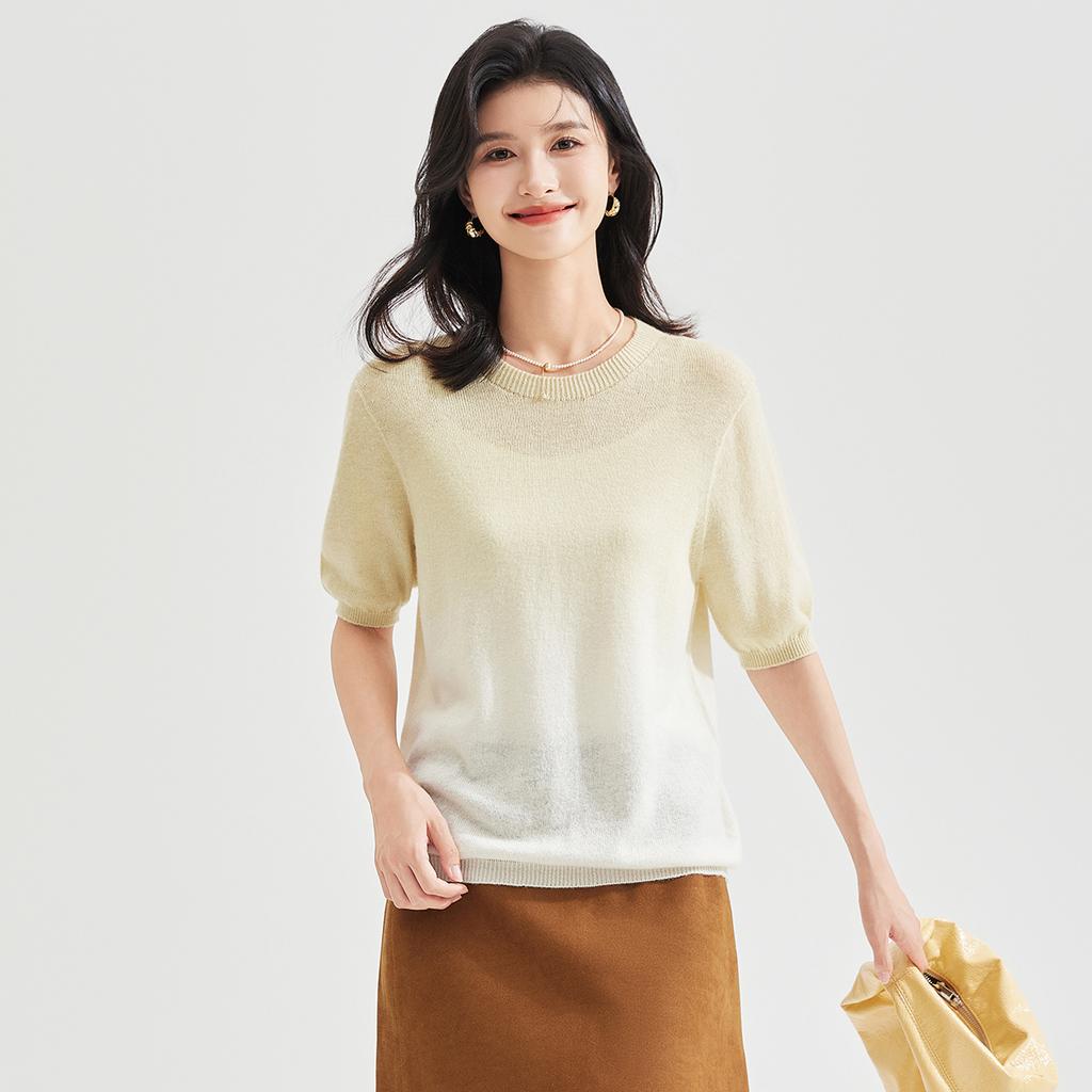 Autumn women's round neck short sleeved solid color gradient commuting versatile knitted wool sweater pullover top