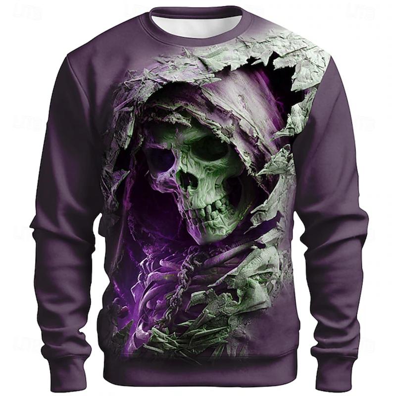 Men's 3D Printed Skull Long-sleeved T-shirt Top Retro Men's Round-neck Street T-shirt Autumn Outdoor Oversized Clothing