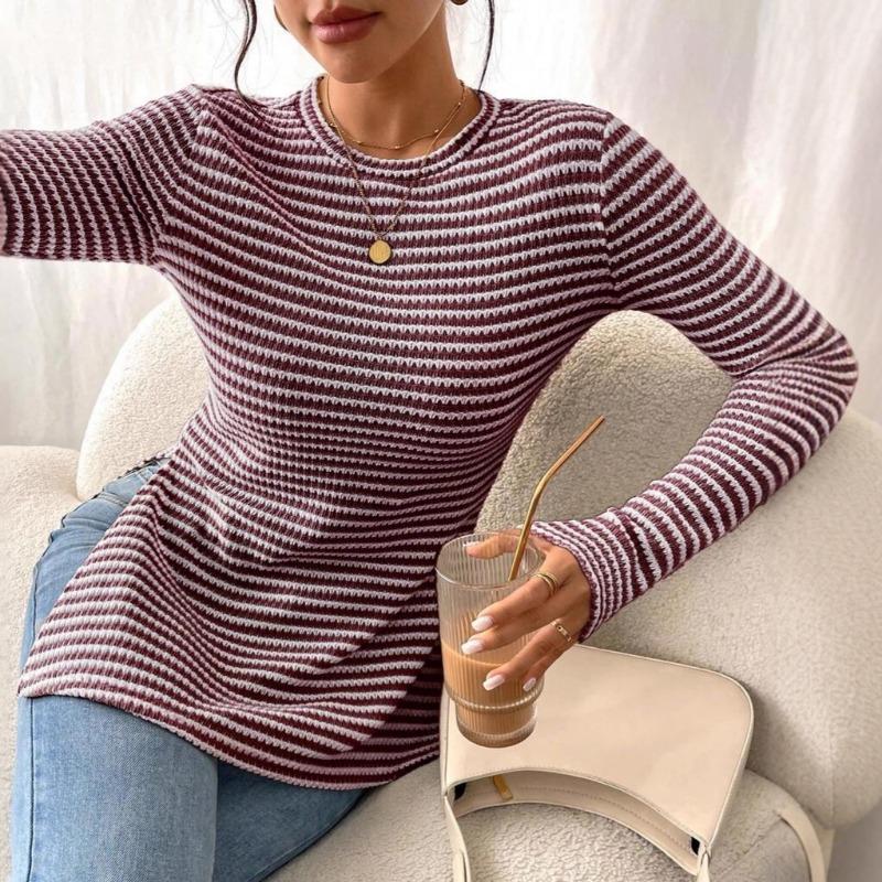Womens Striped Long Sleeve Crew Neck Slim Fit Knit T Shirt