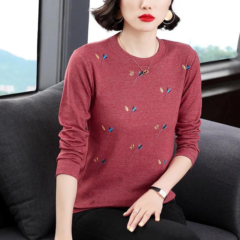 T-shirt Kadın Uzun kollu İlkbahar ve Sonbahar Orta Yaşlı Üst Büyük Beden Gevşek İnce Dipli Gömlek