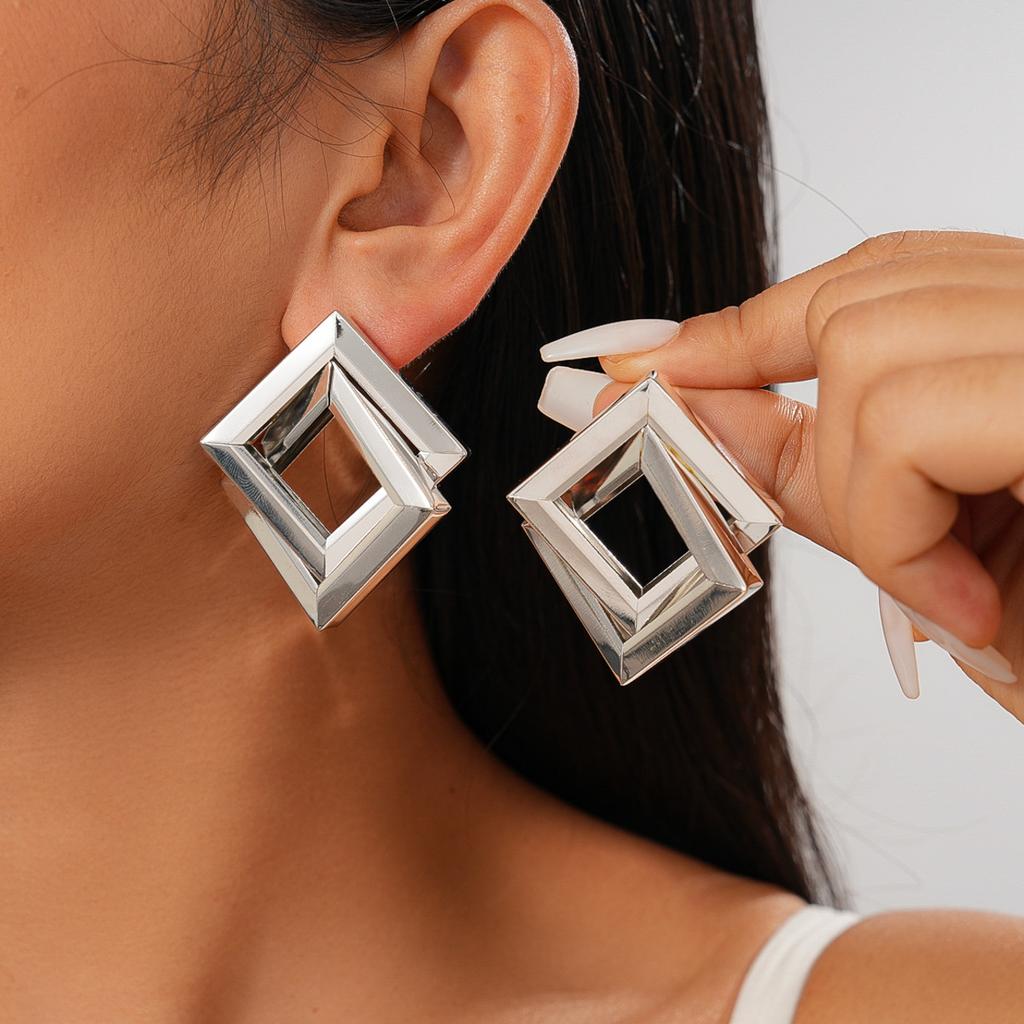 Metal Smooth Geometric Rhombus Cross Silver Needle Earrings Cold Wind Personality Earrings