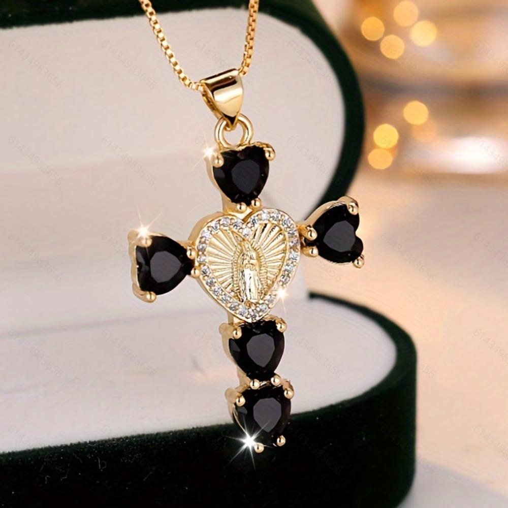 Heart Cubic Religious Necklace Virgin Mary Crystal Chain Necklace Cross Pendant Necklace for Women