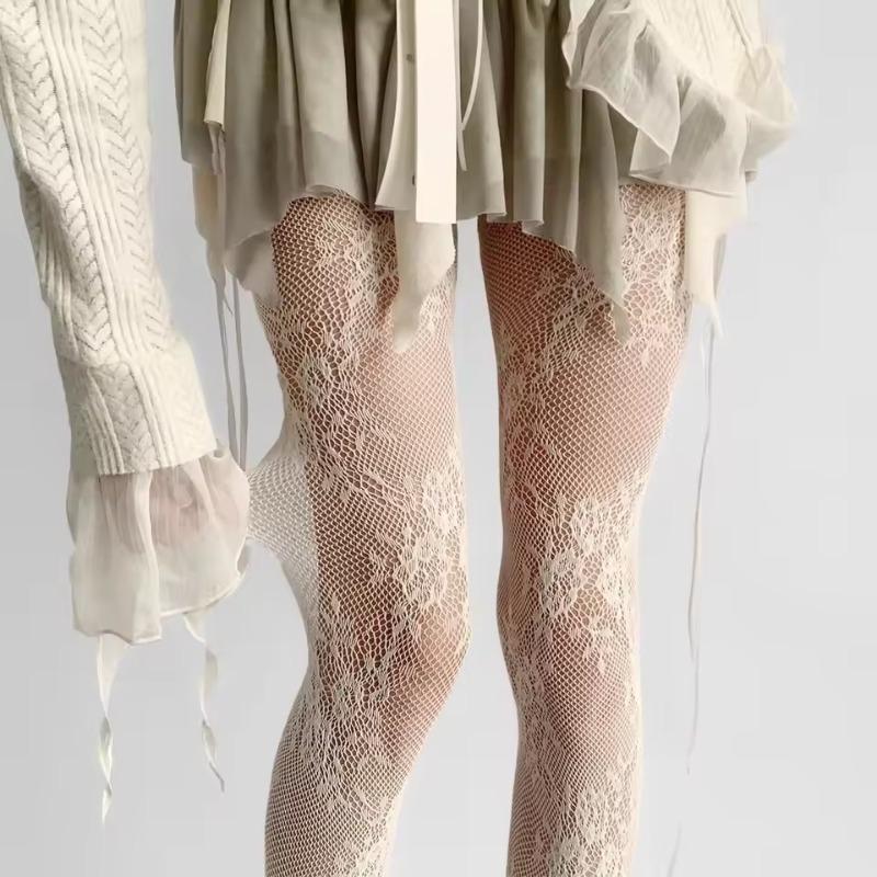 Korean INS Hollowed Lace Mesh Stockings Women Pantyhose Hot Tights Japanese Lolita Retro Floral Rattan Black White Long Socks