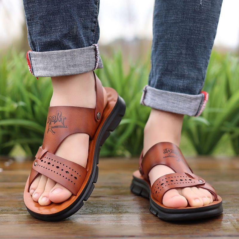 Sandály z hovězí kůže Pánské plážové boty Letní řízení Prodyšná Pánská móda Protiskluzové Pantofle z pravé kůže z mikrovlákna Pánské