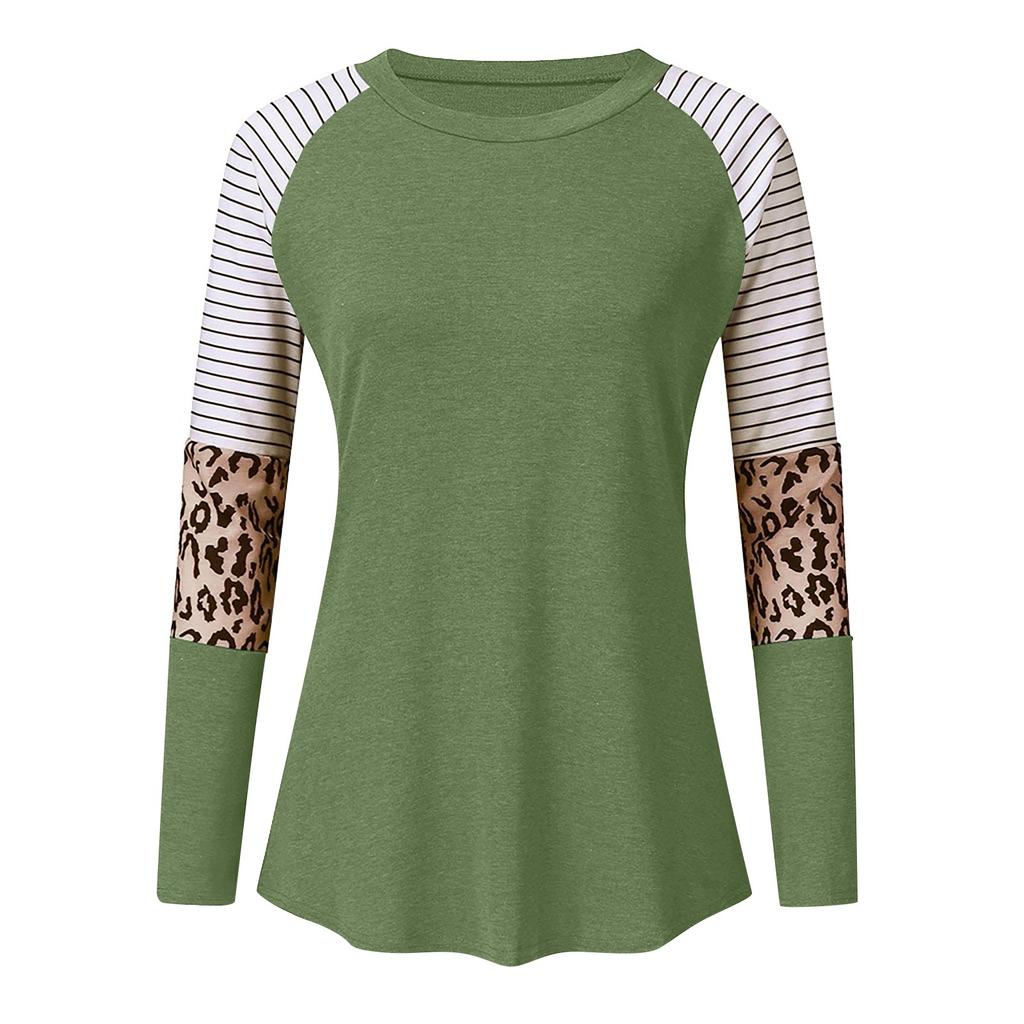 Women's And Winter Fashion Leopard Print Striped Round Neck Long Sleeve Top