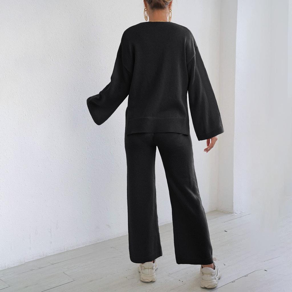 Home Set Loose Comfortable Casual Solid Color Long Sleeve Top Pullover Sweater Women Straight Wide Leg Pants Two-piece Set