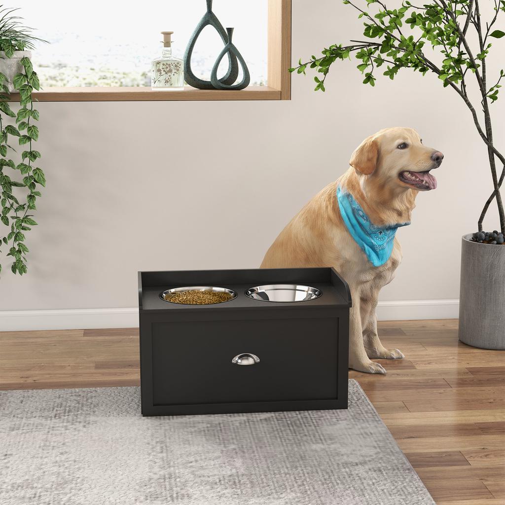Stainless Steel Raised Dog Bowls, with 21L Storage Drawer for Large Dogs and Cats - Black