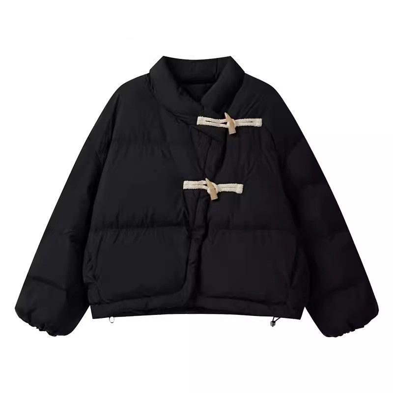 Two horn buckle down jacket women's short 2024 winter fashion stand-up collar sweet warm white duck down bread jacket tide
