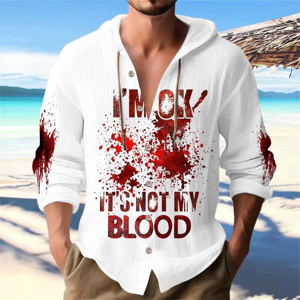 Halloween Printed Men's Shirt, Hooded Long-sleeved Hooded Jacket