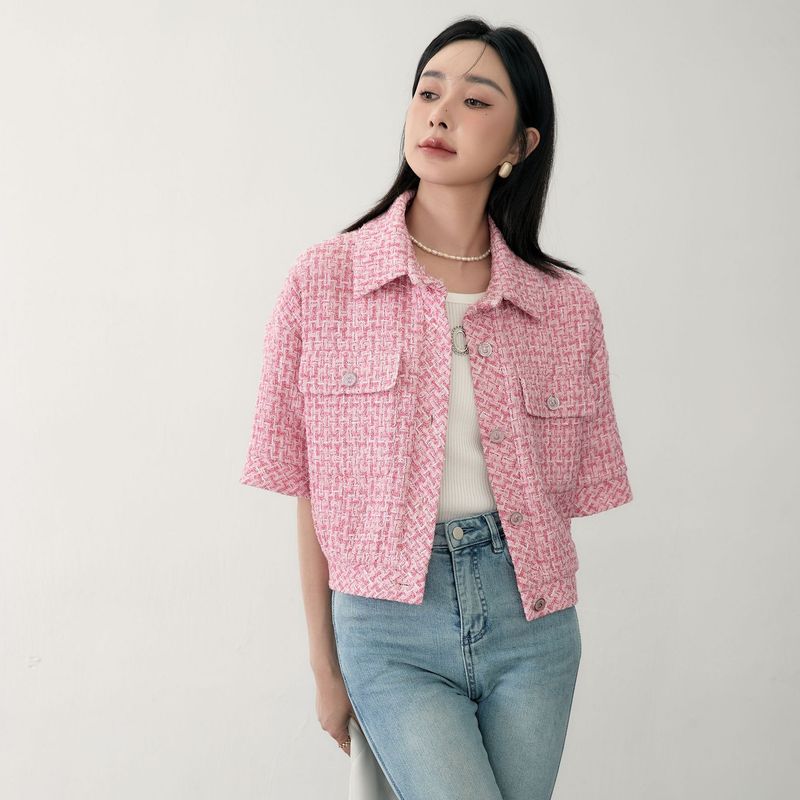 

[Только Высокий класс] Весенне-осеннее пальто женское короткое в классическом стиле во французском стиле, розовое, цвета слоновой кости, с лацканами и рукавами три четверти Pink 40/L