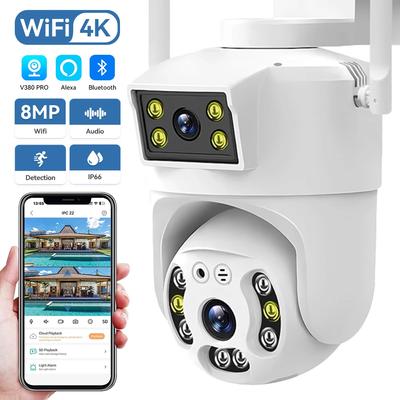 New 8MP 4K Dual Lens Wifi PTZ Camera Smart Home Night Vision Dual Screen Outdoor 6MP Security Protection CCTV IP Camera V380 Pro APP