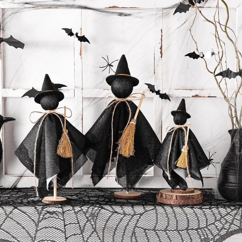 3 Piece Cotton Fabric Witch Specter Decorations For Halloween Home Party Display Wooden Base Accessories Set