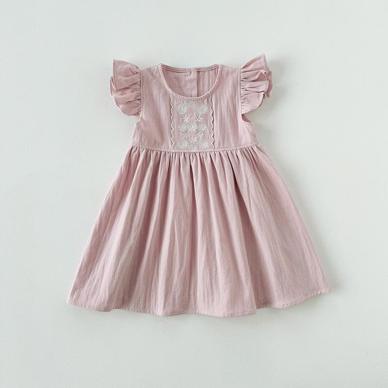 Exquisite Floral Embroidered Cotton Puff Sleeve Girls' Dress - Korean Style Summer 2026 Princess Skirt