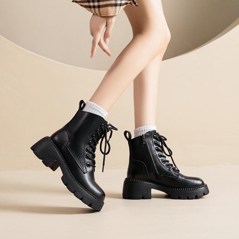 Women New Fashion Short Boots Women Cowhide Retro British Style Ankle Boots Casual Zipper High Heels Thick Soled Women Shoes