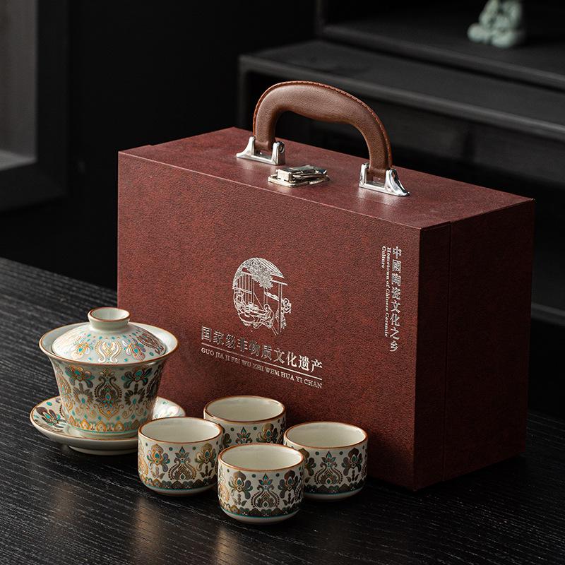 Dunhuang gold and silver wrong beam pot, one pot, four cups of bronzing and silver gift box, hospitality, business gifts, kung fu tea set