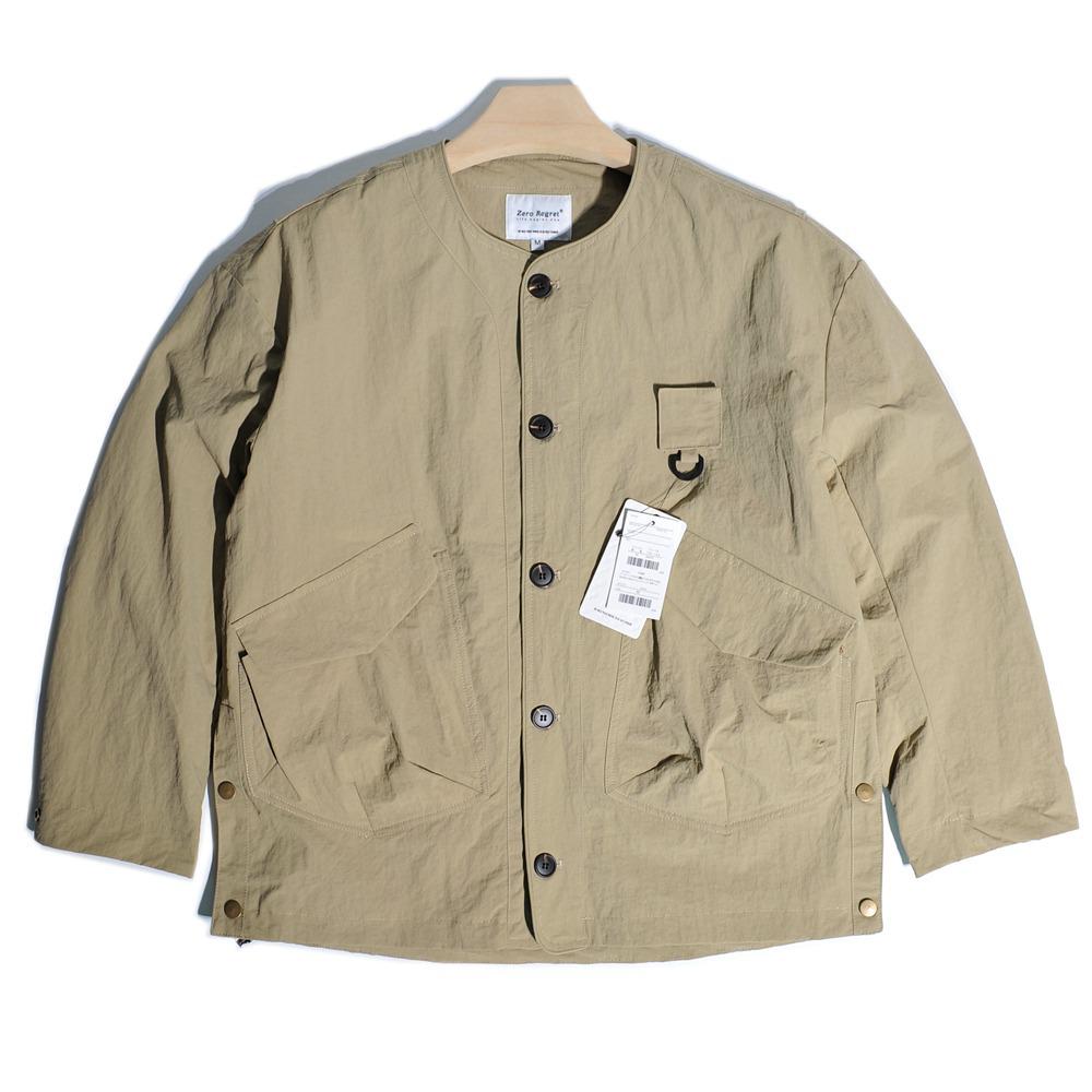 Japanese-Style Men s Outdoor Workwear Jacket: Functional, Loose Fit, Multi-Pocket, Casual, Collarless Coat M