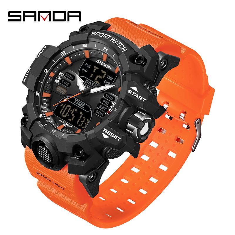 Sanda Multifunctional Waterproof Sports Watch for Outdoor and Student Use with Dual Display and Alarm Clock.