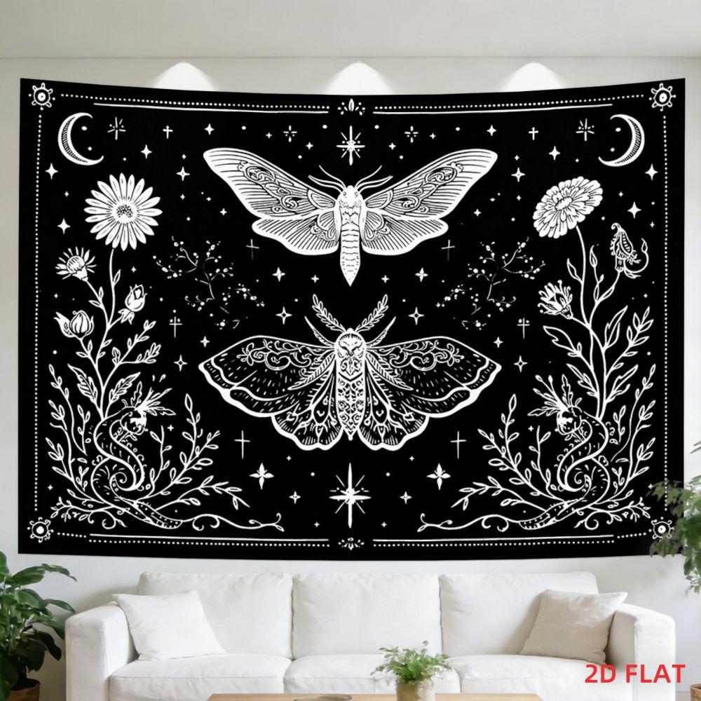 Moon Moth Floral Tapestry, Black White Wall Hanging, Aesthetic Witchy Decor for Bedroom Photo Booth Teens Room