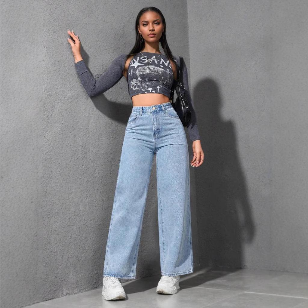 2025 Spring Women's Light Wash Floor-Length Wide Leg Jeans