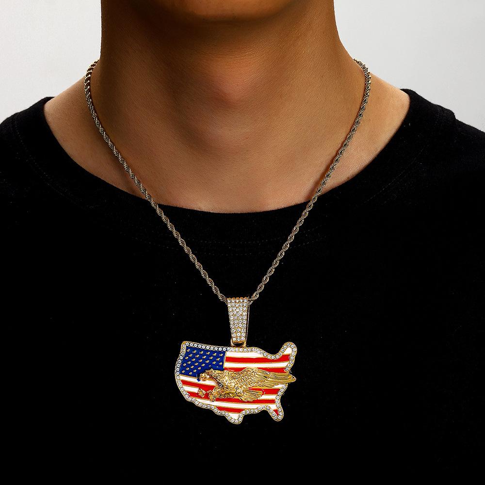 American Flag Drip Oil Full Diamond Alloy Pendant American Independence Day Hip Hop Necklace Men's Necklace Jewelry