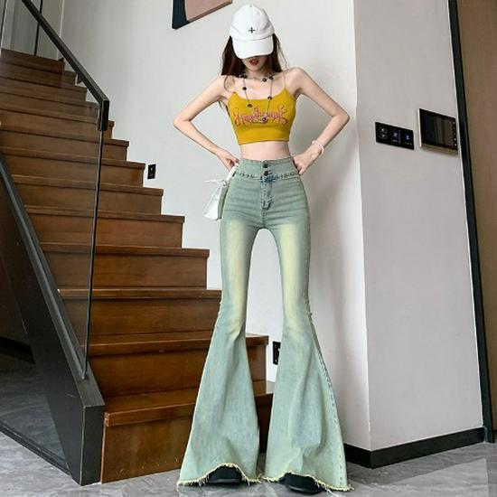 

2024 Женские Ретро Джинсы Клеш с Высокой Посадкой - Утягивающие Эластичные Широкие Брюки в Пол S