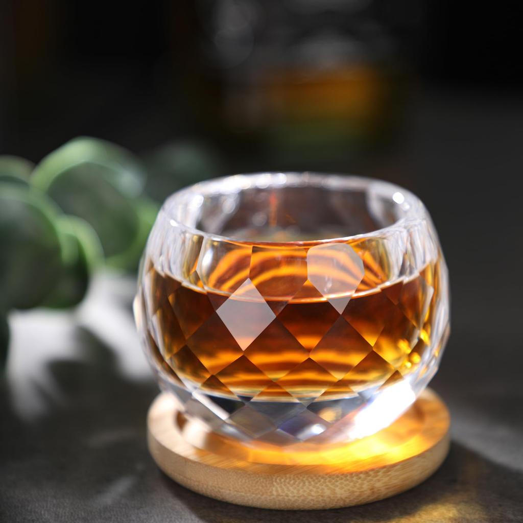 K9 Crystal Glass Sake Glass, Small 60ml, with Bamboo Coaster, Gift Set. Features a transparent diamond-cut design with hand-cut diamond patterns. A ma