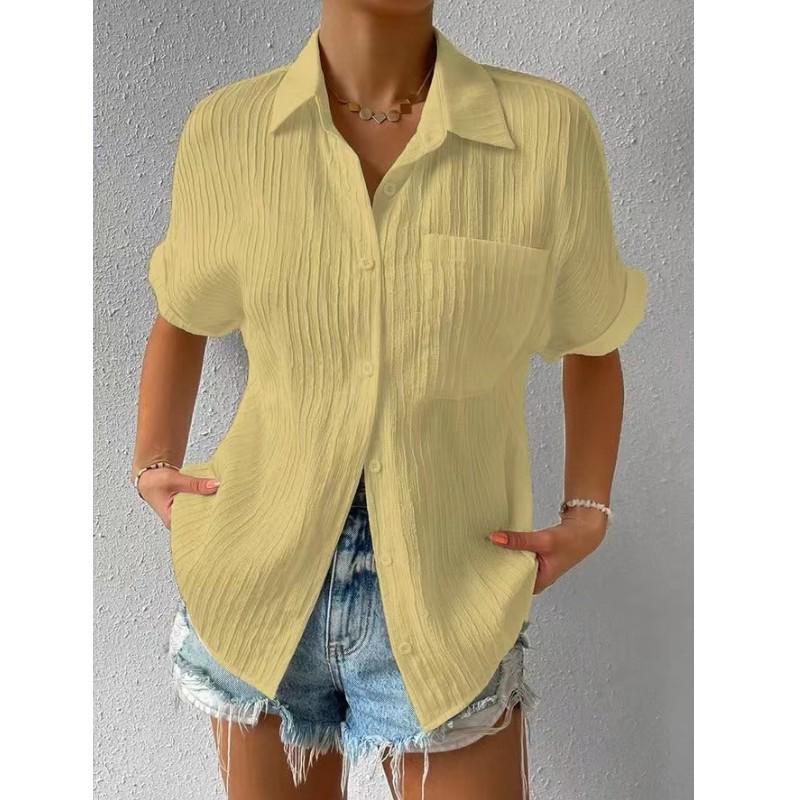 Women's Casual Raglan Sleeve Lapel Shirt with Spliced Pocket - Solid Color, Short Sleeves, 2025 Collection.